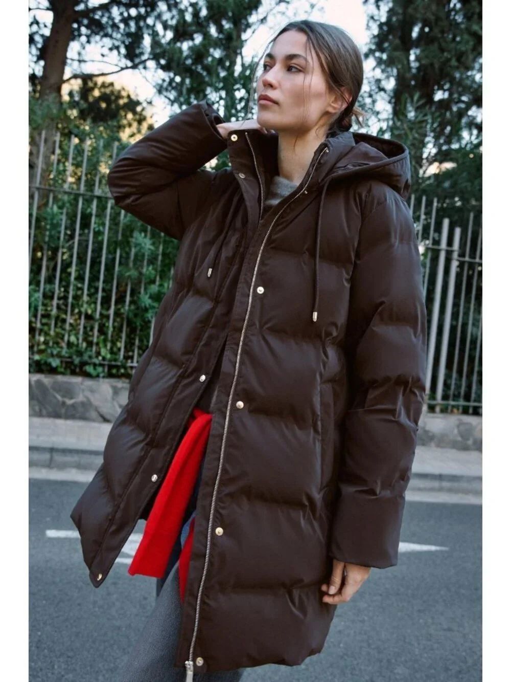 Zara Women Anorak Jacket Coat L Large Brown Windproof Rubberized 3046/236 NWT